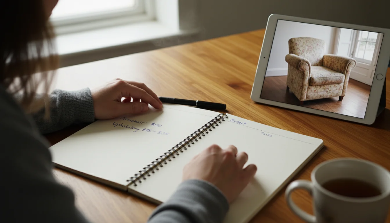 Hands jotting notes in a spiral notebook on a wooden table. A tablet shows a photo of a vintage armchair next to the notes.