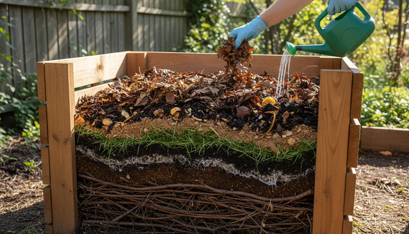 Hands layering kitchen scraps and dried leaves, then watering inside an open outdoor compost bin, showing distinct layers.