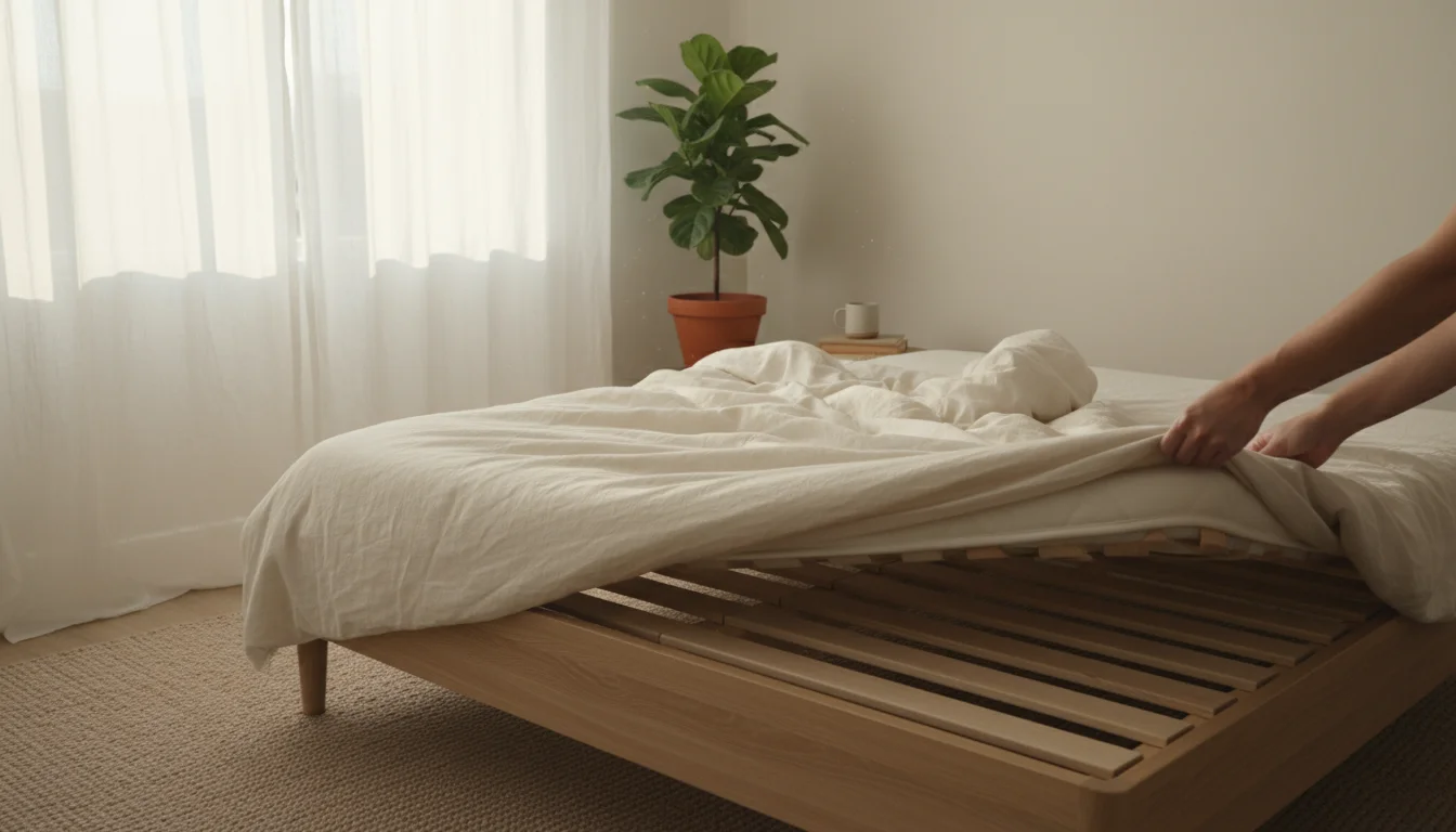 Hands lift a mattress corner to show wooden bed slats in a sunlit, airy bedroom.
