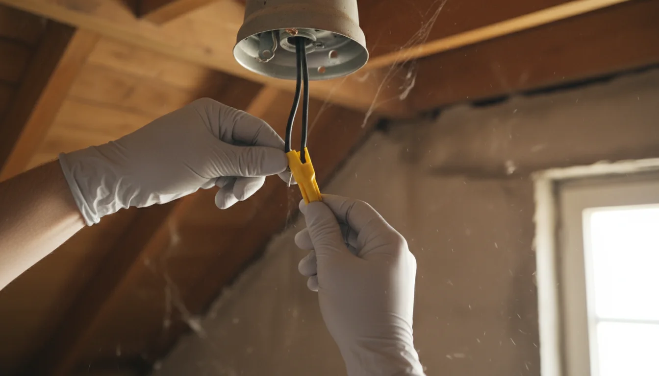 Hands in light gloves twisting a yellow wire nut off black electrical wires connected to a ceiling light fixture.