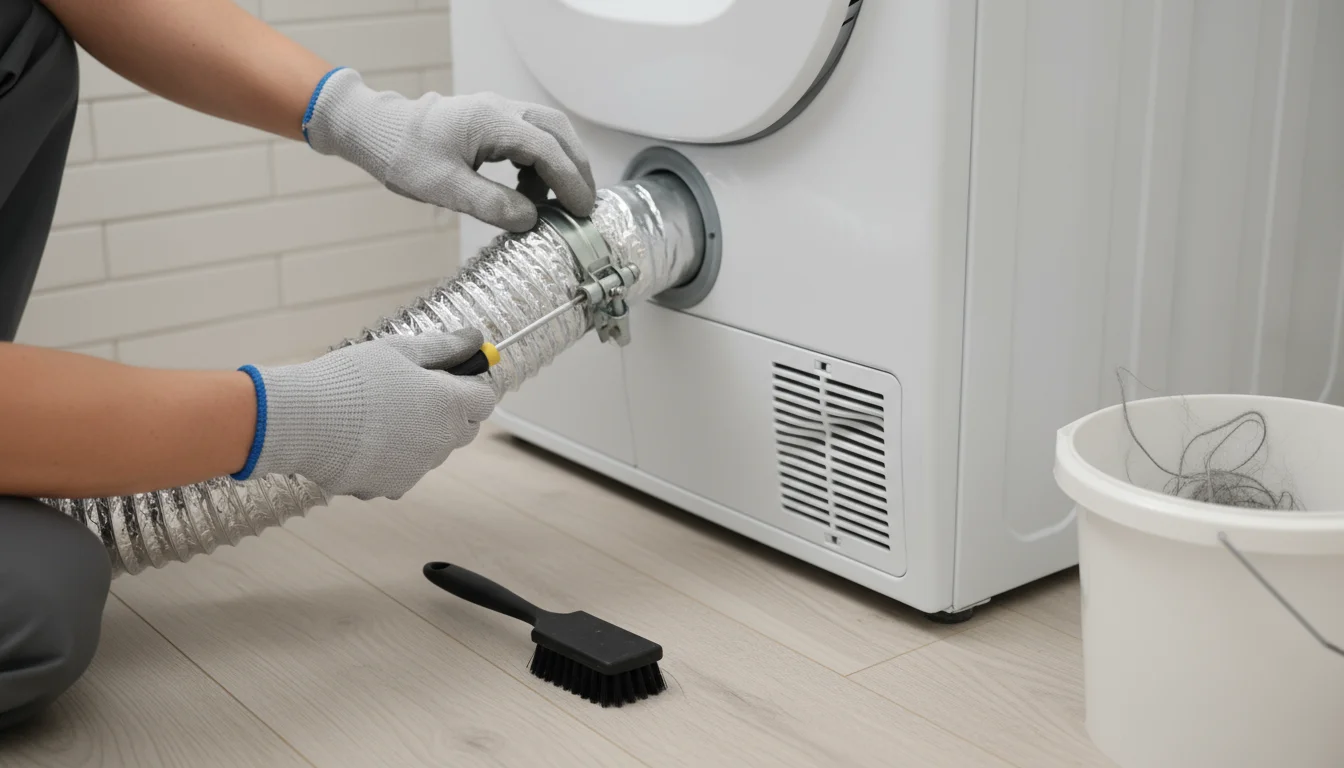 Hands in light work gloves carefully reattaching a clean silver dryer vent hose to the back of a white clothes dryer in a brightly lit laundry area.