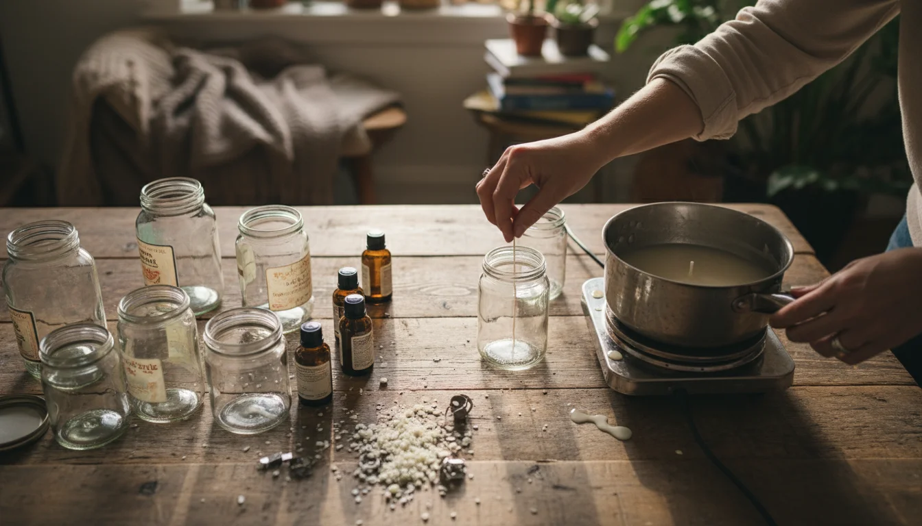 Overhead view of hands making candles on a wooden table, surrounded by wax flakes, wicks, essential oils, and repurposed glass jars.
