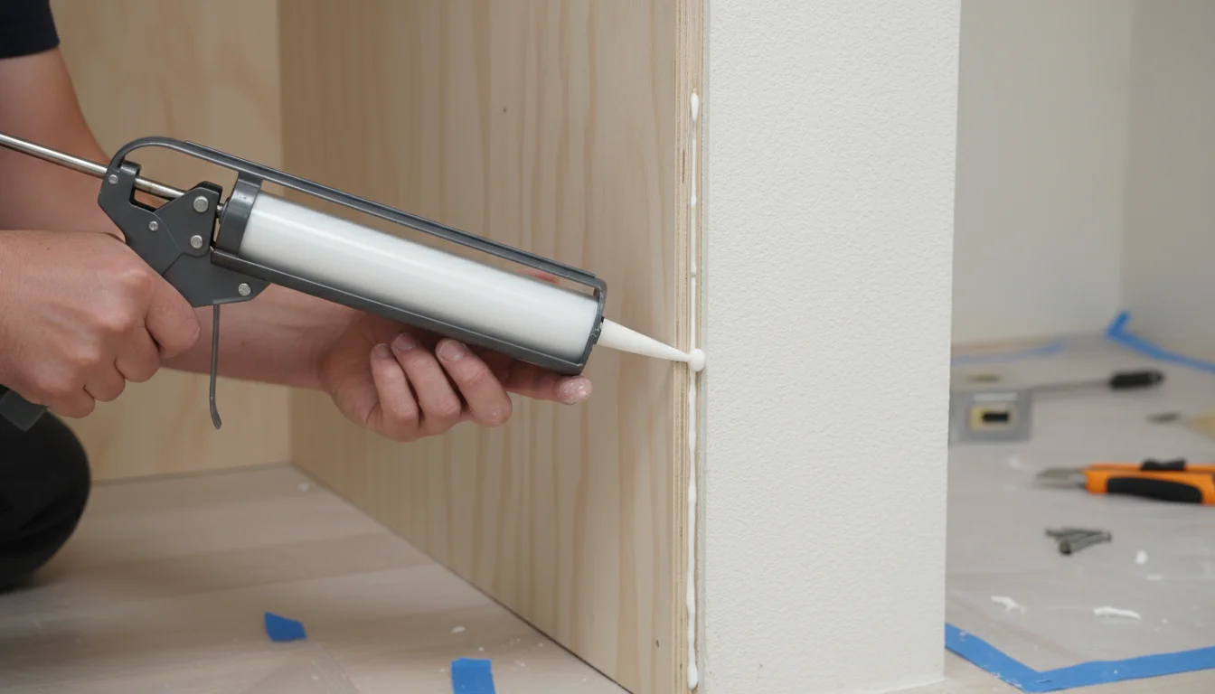 Close-up of hands meticulously applying white caulk along the seam of a light-colored plywood closet panel and a painted wall.