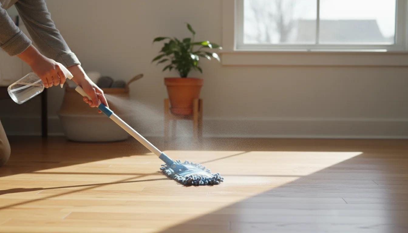 Hands misting a warm hardwood floor with a spray bottle and wiping with a microfiber mop, illuminated by soft natural light.