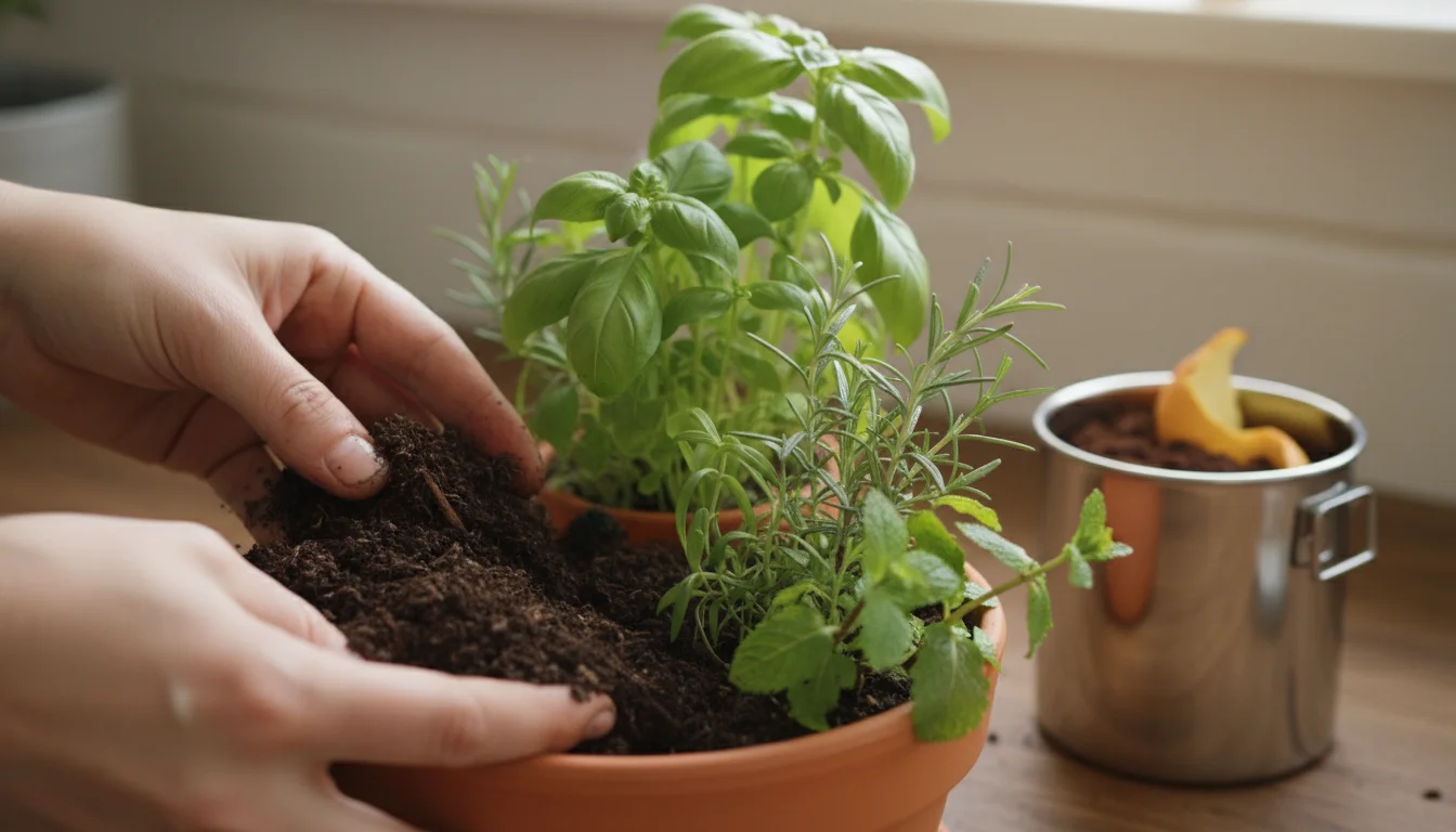 Hands mix dark, nutrient-rich compost into a small, vibrant indoor herb planter on a wooden counter, with a kitchen compost pail nearby.