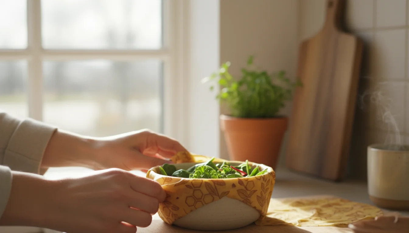 Hands molding a patterned beeswax wrap around a small ceramic bowl of green leaves in a sunlit kitchen.