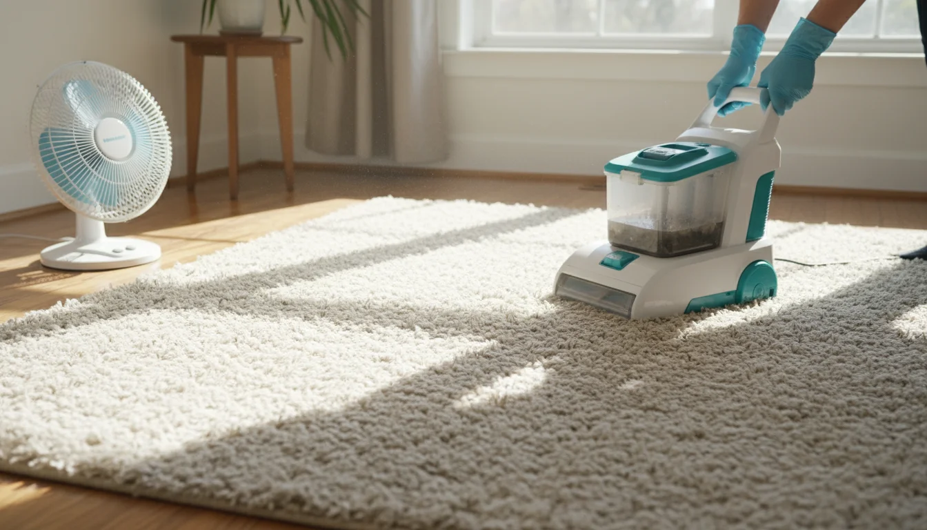 Close-up of hands operating a home rug cleaner on a light cream rug, showing a distinct line between cleaned, brighter fibers and uncleaned, dulled fi