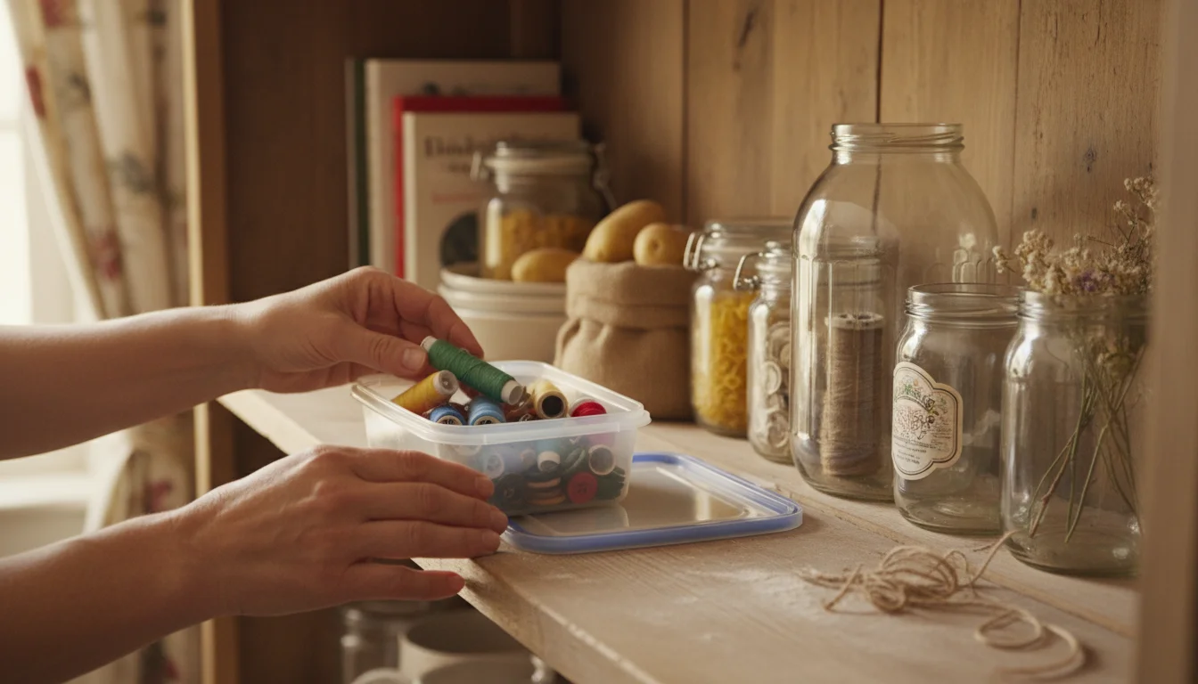 Hands organize craft supplies into a repurposed plastic container. Nearby, glass jars hold dry goods and a fabric-covered shoebox stores linens.