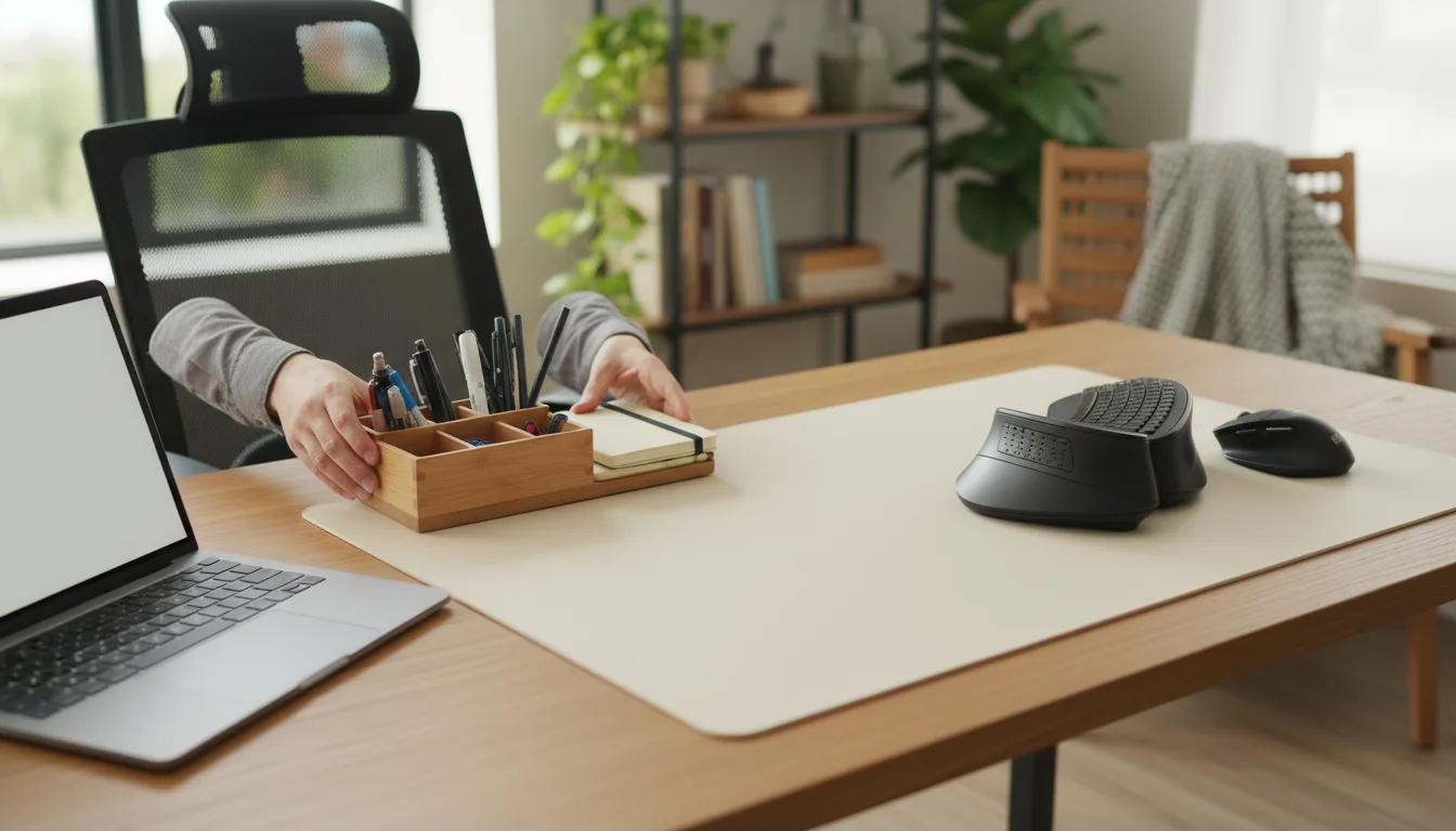 Hands organize a desk, clearing space around a keyboard and mouse for ergonomic use.