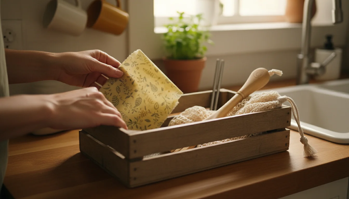 Hands organizing a beeswax wrap, stainless steel straws, a mesh produce bag, and a bamboo dish brush in a wooden crate on a kitchen counter.