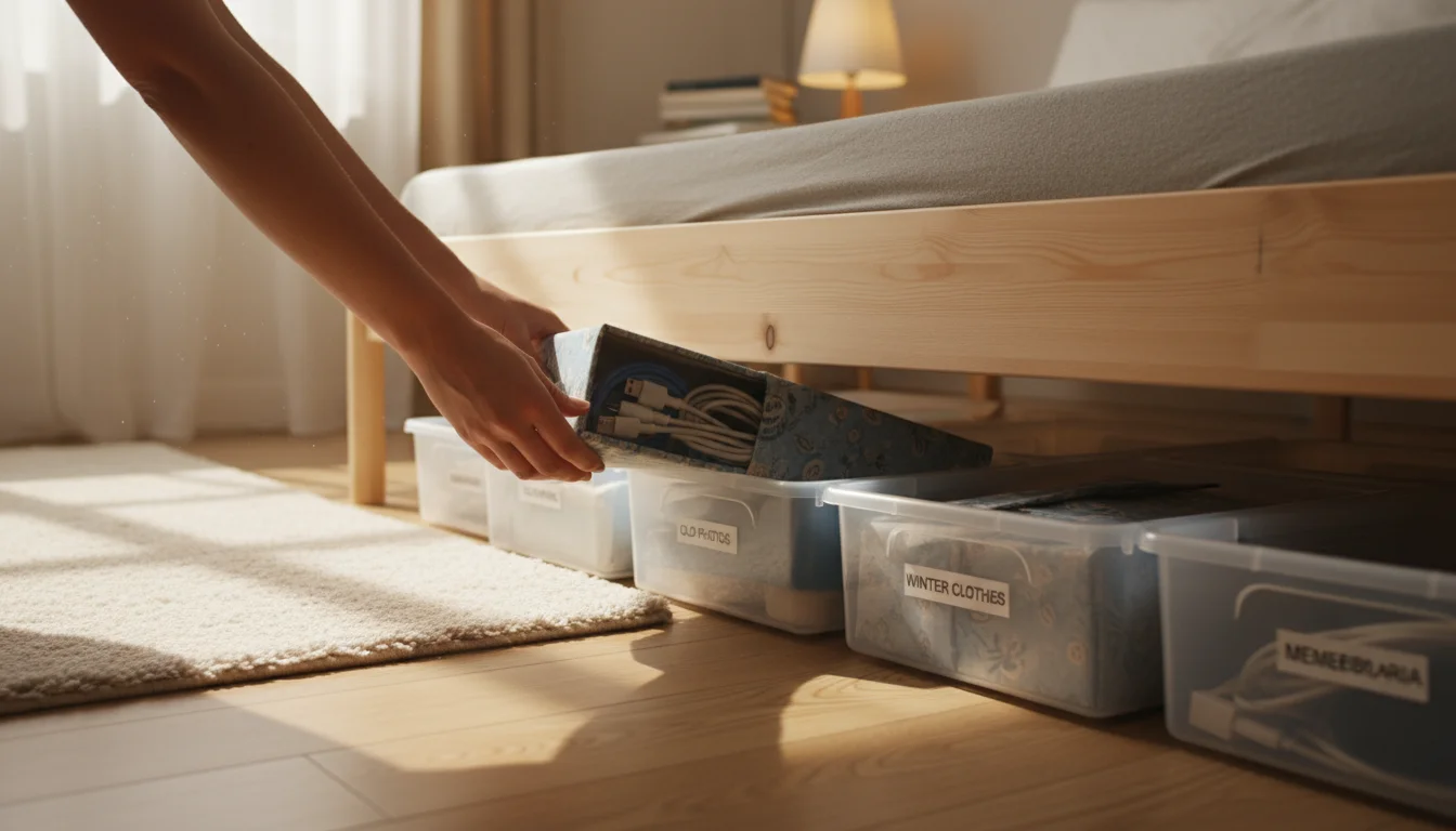 Hands organizing fabric-covered shoeboxes filled with charging cables and socks into a clear under-bed storage bin.