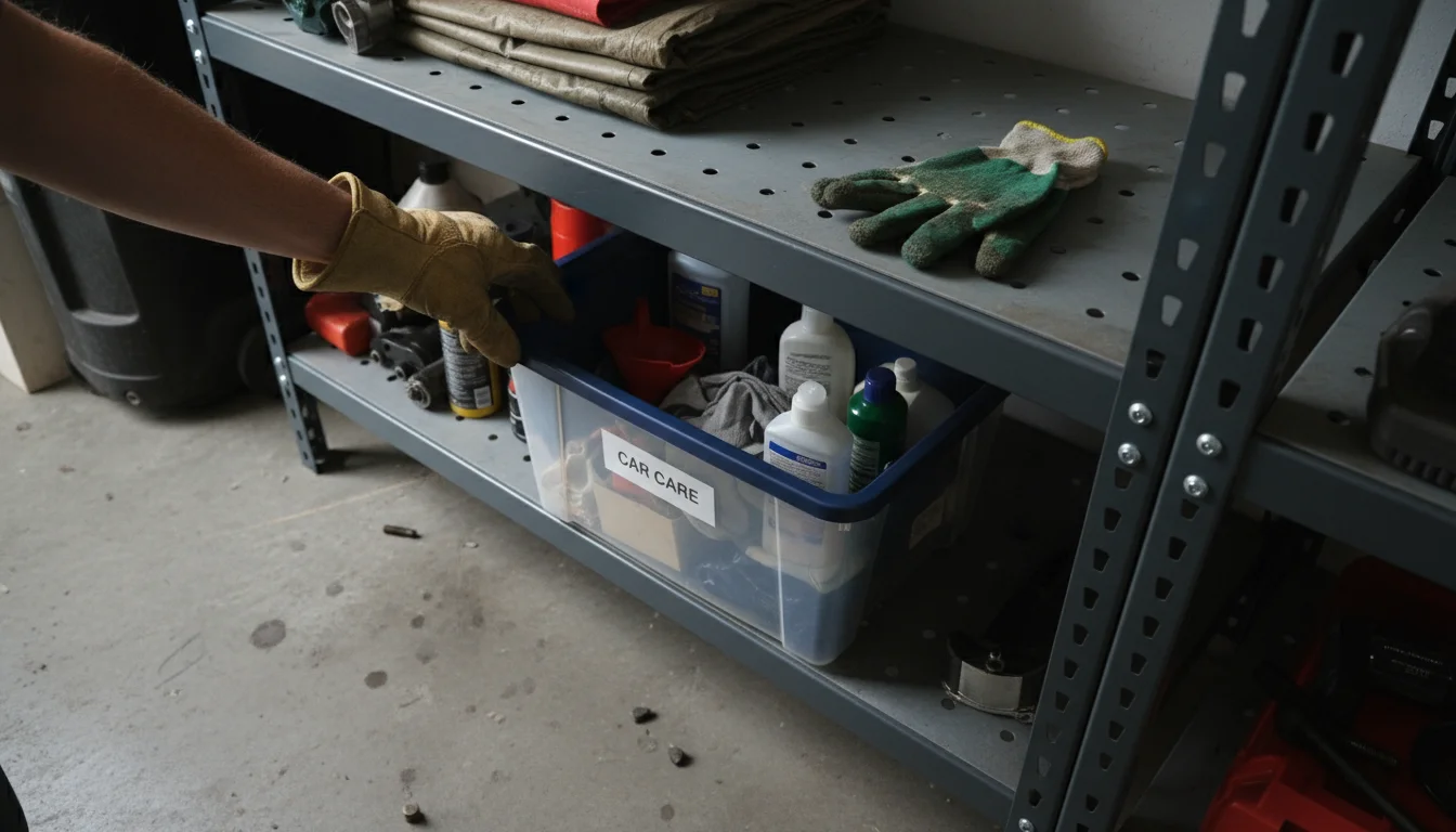 Overhead view of hands organizing a garage shelf, realigning a storage bin and holding a stray gardening glove.