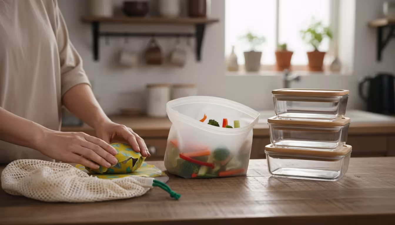 Hands organizing reusable food storage: beeswax wrap, silicone bag with veggies, glass containers with bamboo lids, and a fabric produce bag on a kitc