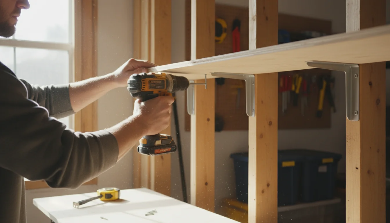 Hands of a person attaching a plywood shelf to garage wall studs with metal brackets, a drill and tape measure nearby.