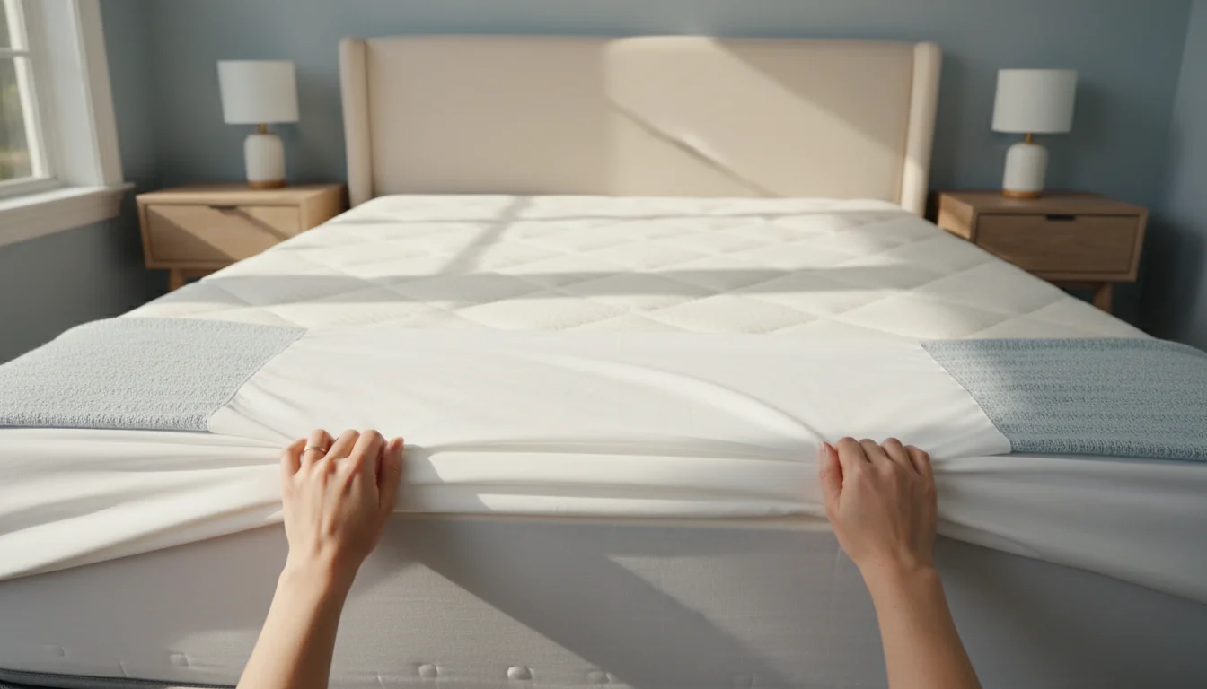 Hands of a person fitting a fresh white mattress protector onto a queen-sized bed in a bright, tidy bedroom.