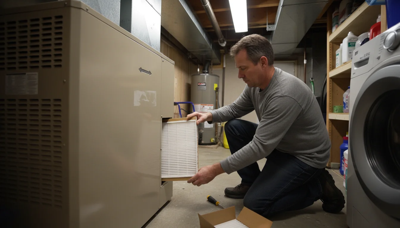 Hands of a person kneeling, carefully sliding a clean white air filter into the side of a beige air handler unit. Ductwork is visible.