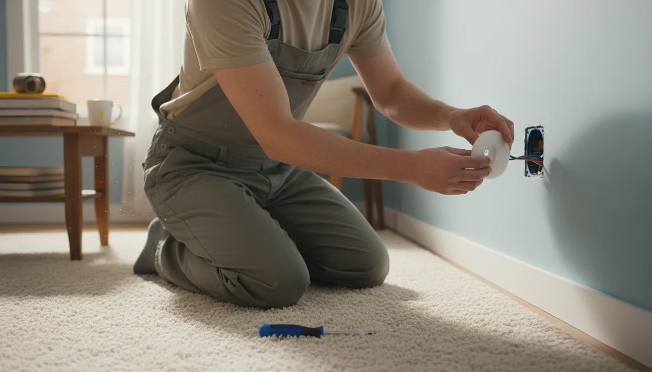 Hands of a person placing a white foam gasket behind an electrical outlet on a wall, with a screwdriver nearby on a rug.