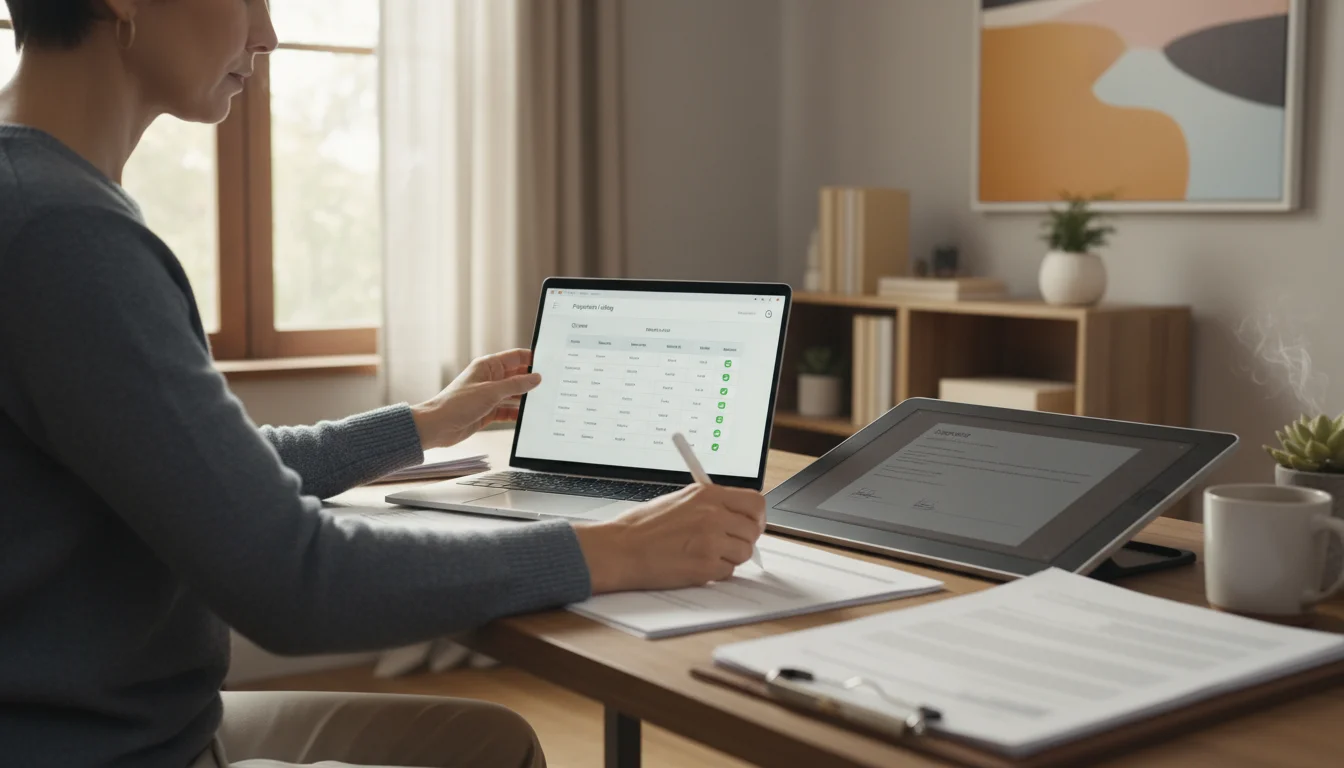 Hands of a person sorting physical papers into a shredder while viewing digital files on a laptop, on an organized home office desk.