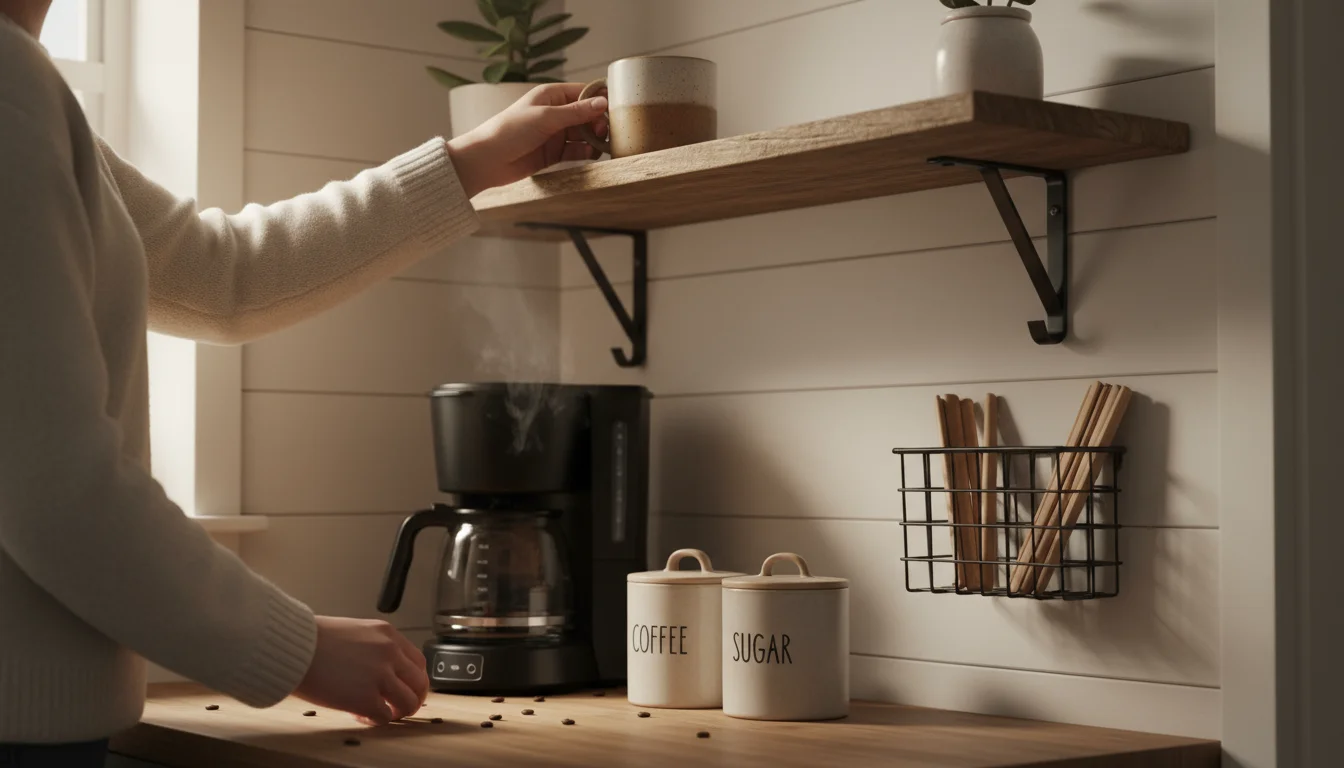 Hands place a ceramic mug onto a rustic wall-mounted shelf above a coffee maker and organized coffee supplies.
