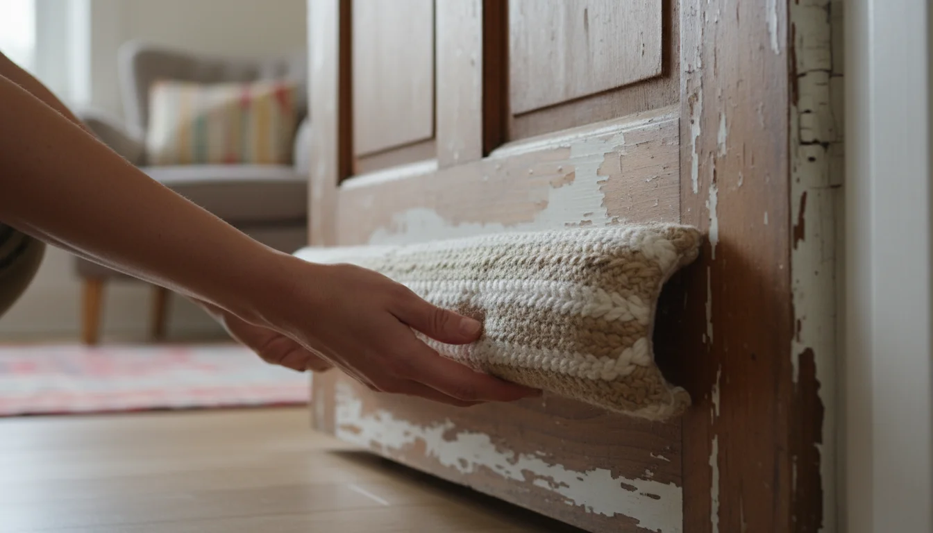Hands place a cozy fabric draft stopper at the base of a wooden door, a simple action for immediate energy savings.