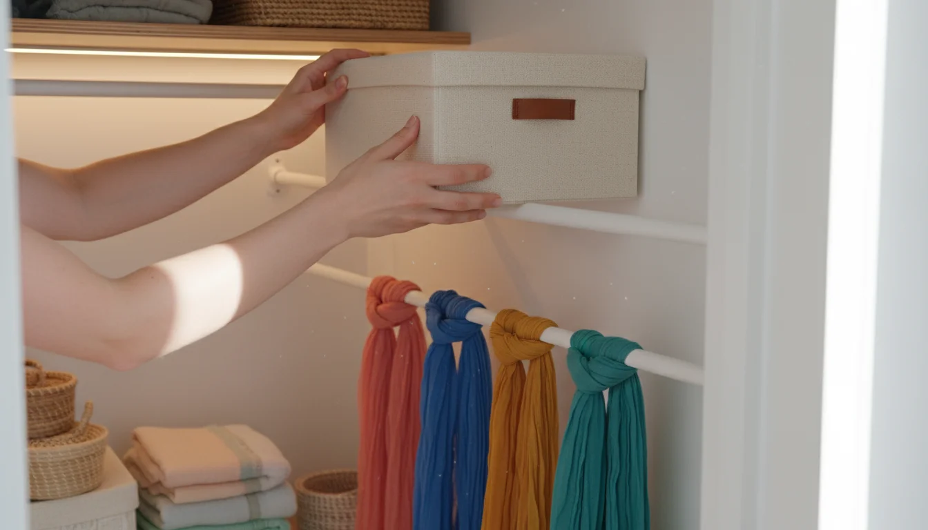 Hands place a fabric-covered shoebox onto a tension rod used as a shelf in a small closet. Scarves hang on another rod.
