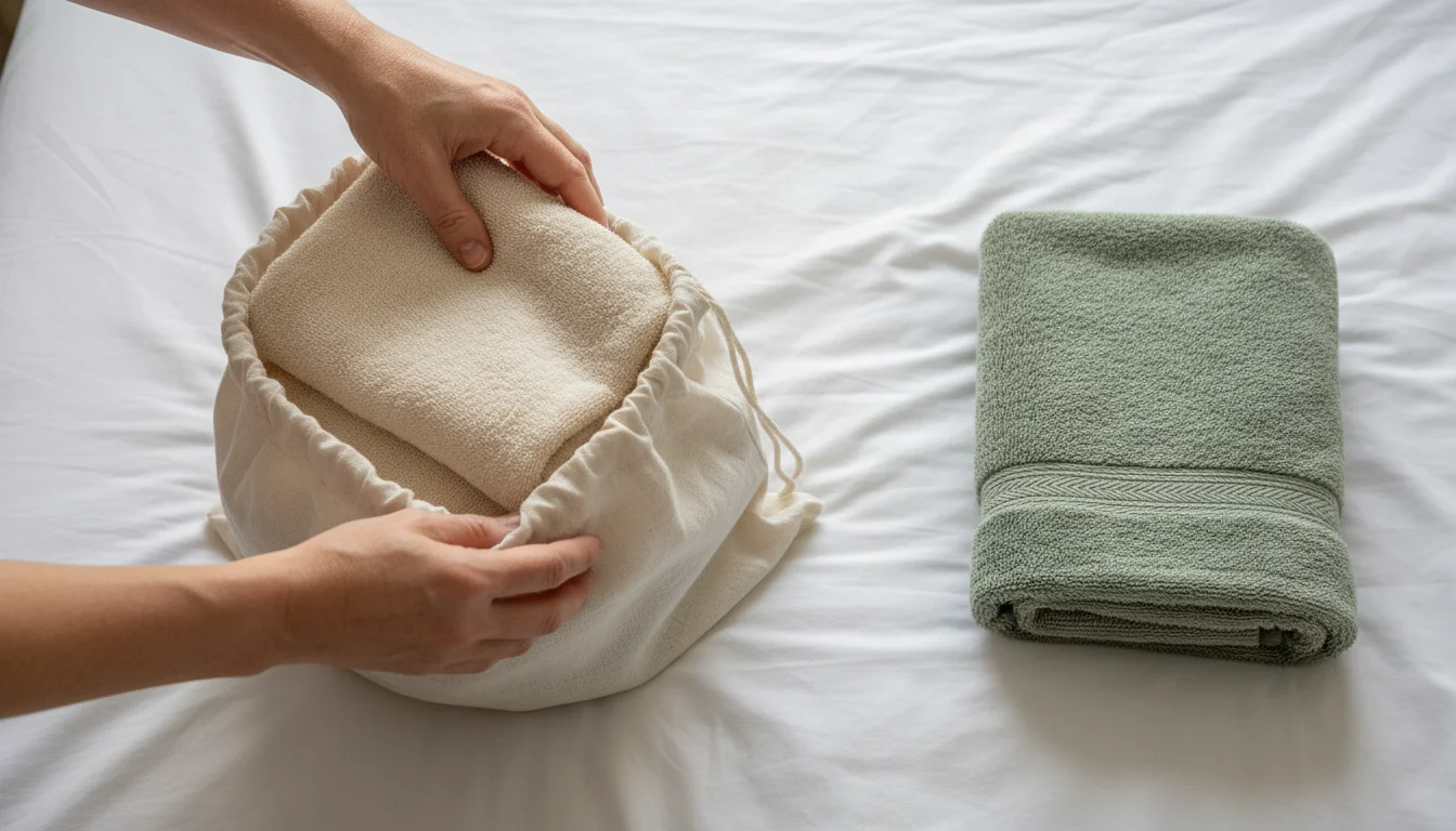Hands place a neatly folded, light-colored sheet set into a fabric donation bag, next to a new, pristine sheet set on a white bedspread.