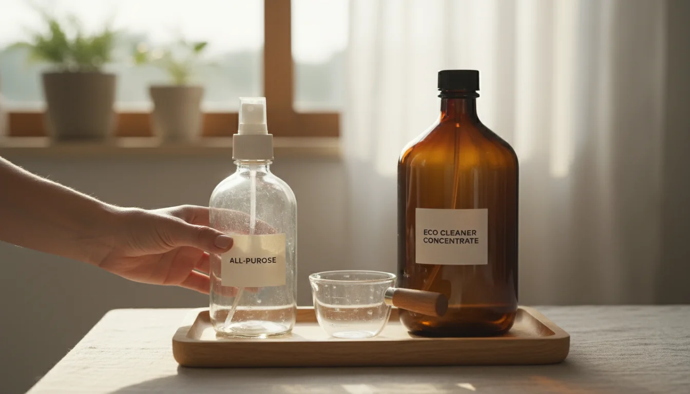 Hands place a labeled spray bottle next to a concentrate refill jug and natural cleaning tools on a wooden tray.