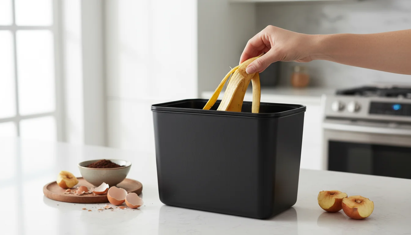 Hands placing banana peel into a black countertop compost bin, surrounded by organized kitchen scraps like coffee grounds and eggshells on a light cou