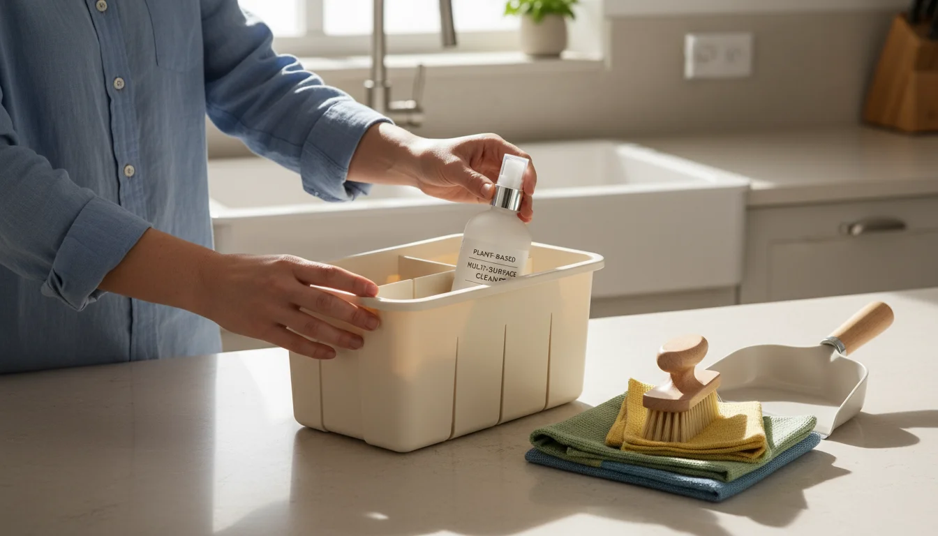 Hands placing a bottle of cleaner into an organized cleaning caddy on a kitchen counter with microfiber cloths nearby.
