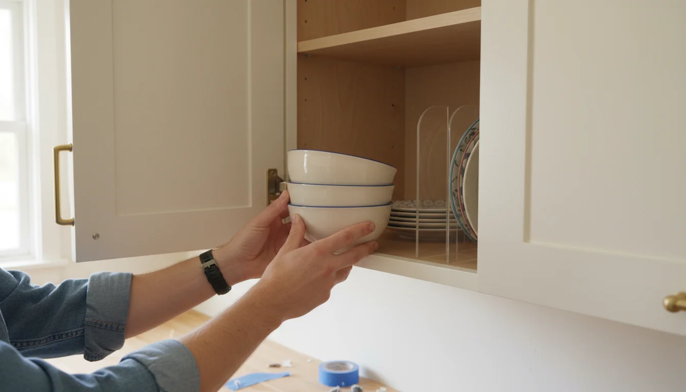 Hands carefully placing ceramic bowls into a newly painted, bright white kitchen cabinet, showcasing fresh paint and organized dishes.