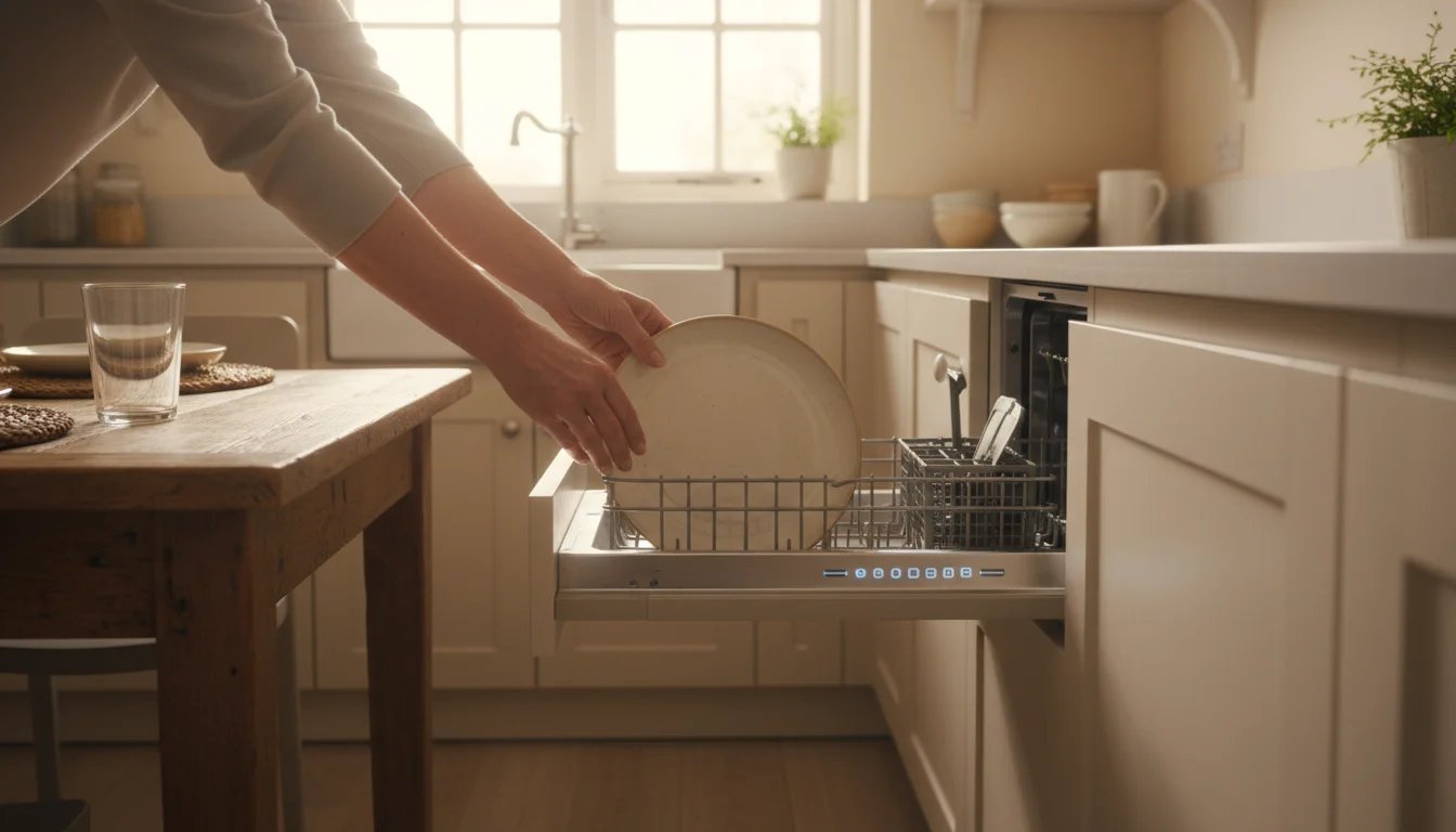 Hands placing a ceramic dinner plate into a partially open dishwasher in a bright kitchen.