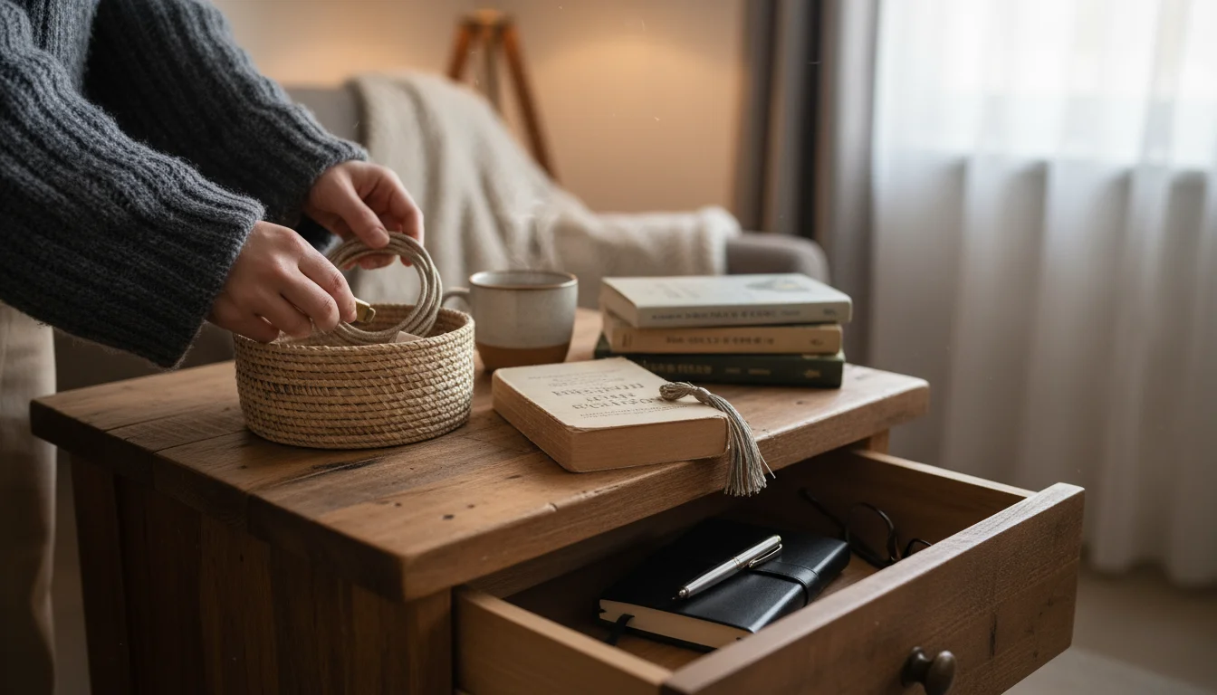 Hands placing a charging cable into a woven basket on a wooden side table in a reading nook. Finished books are on the floor.