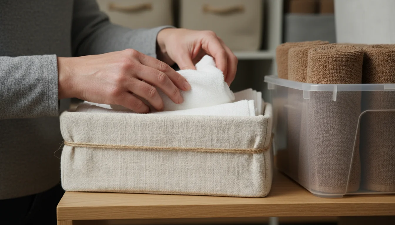 Hands placing folded washcloths into a fabric-covered shoebox next to a clear bin of rolled hand towels on a shelf, with a tension rod visible.