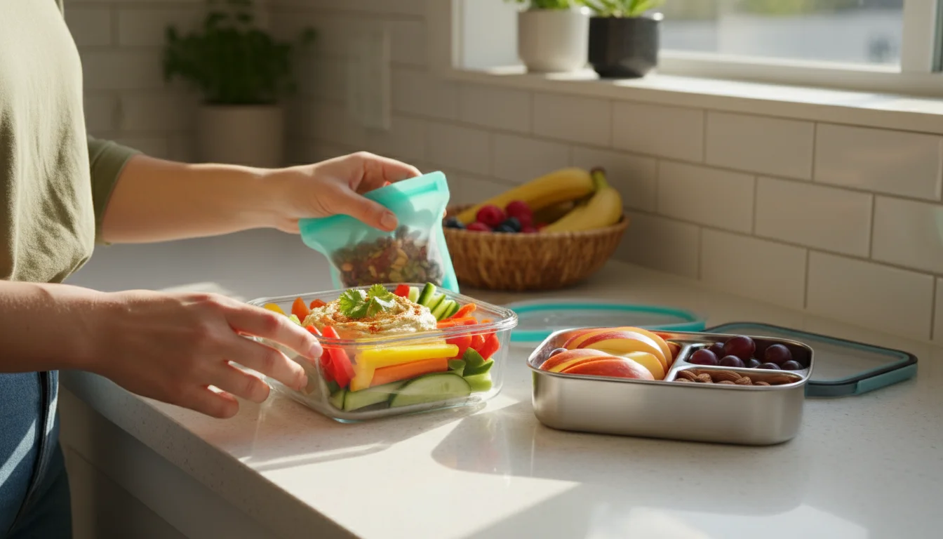 Hands placing healthy snacks into glass, stainless steel, and silicone reusable containers on a kitchen counter.