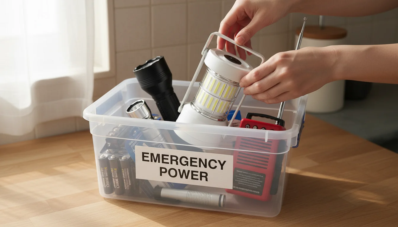 Hands placing an LED lantern into a clear bin filled with emergency supplies like flashlights, batteries, and a radio.