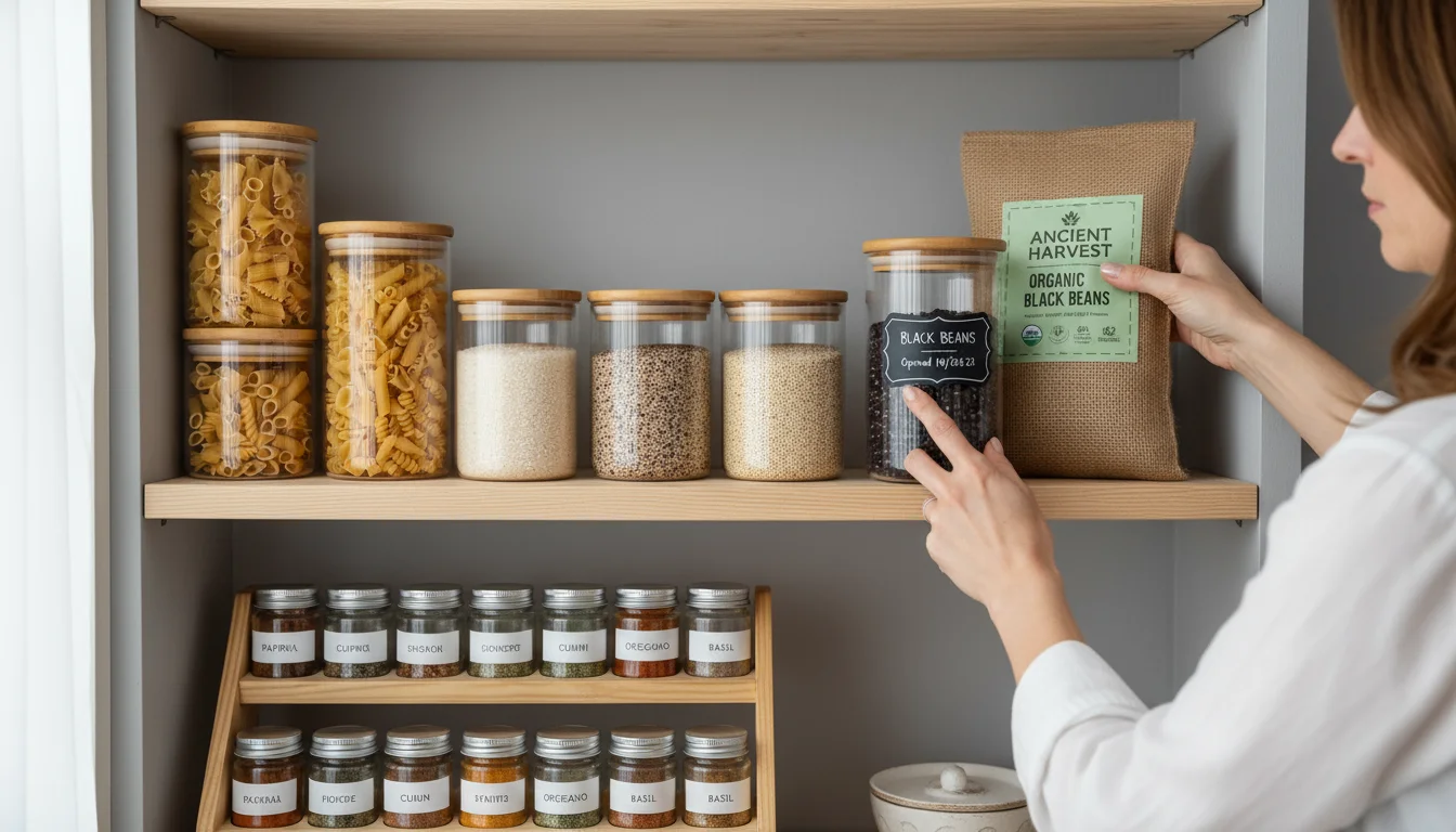 Hands placing a new bag of dry beans behind an older, labeled container on a pantry shelf, next to other decanted dry goods and stacked cans.