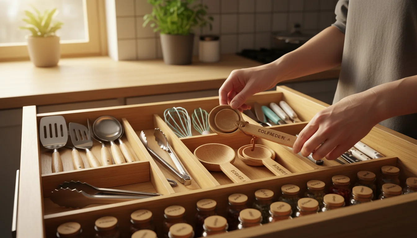 Hands placing new wooden measuring spoons into a sectioned kitchen drawer organizer filled with other utensils.