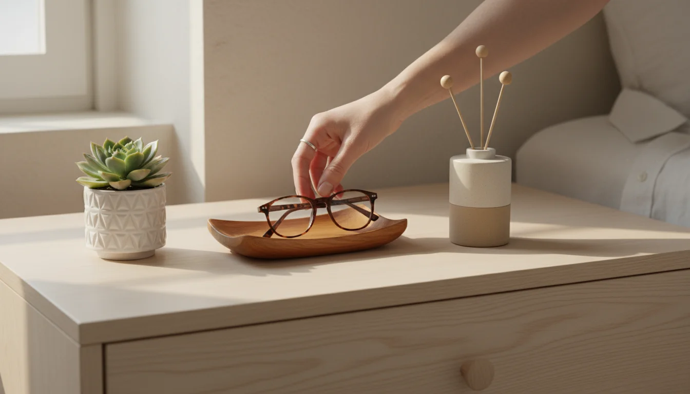 Hands placing reading glasses into a wooden tray on a tidy bedroom dresser with a succulent and diffuser in soft light.