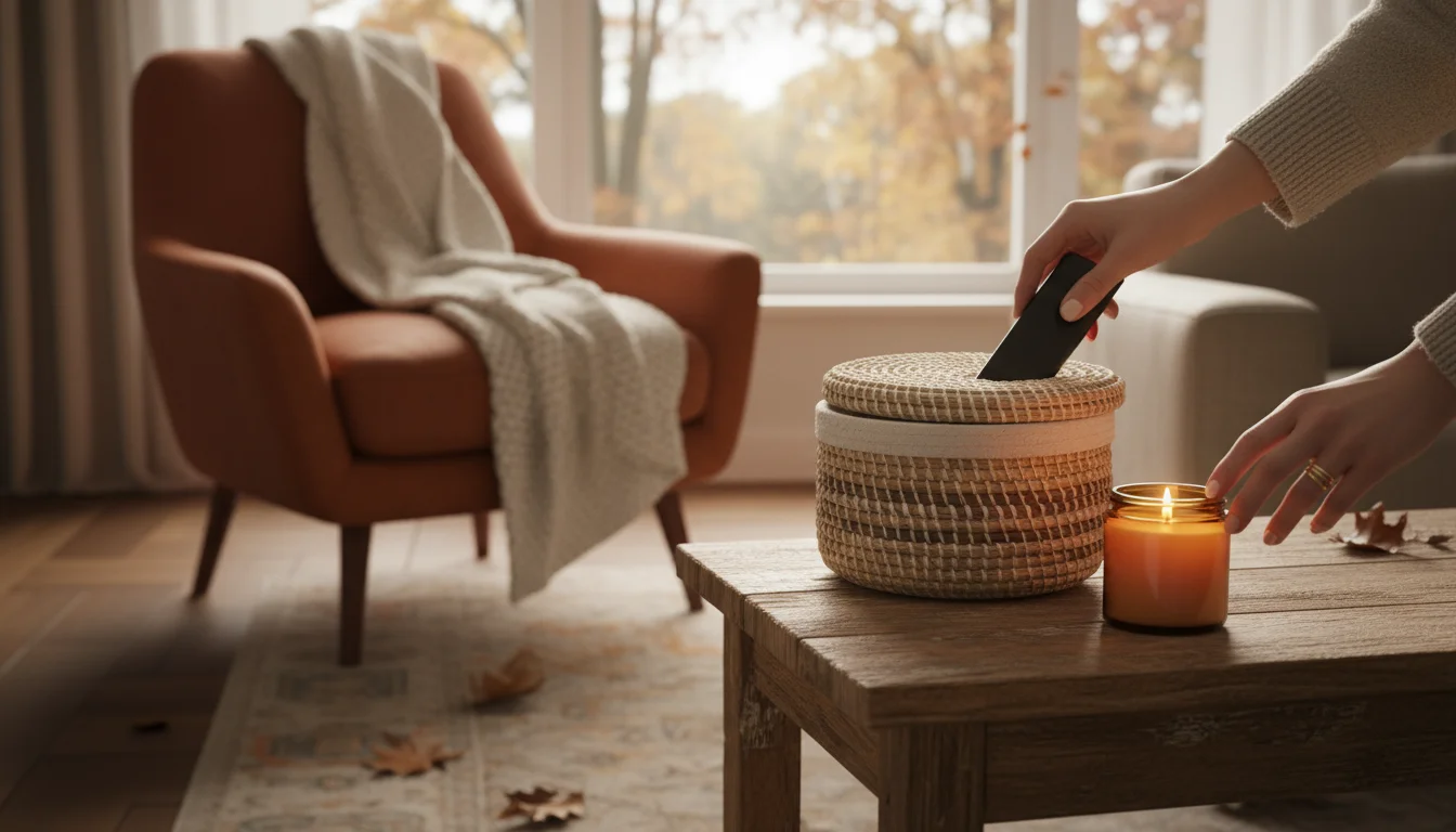 Hands gently placing a TV remote into a decorative woven basket on a clear wooden side table in a cozy, softly lit living room.