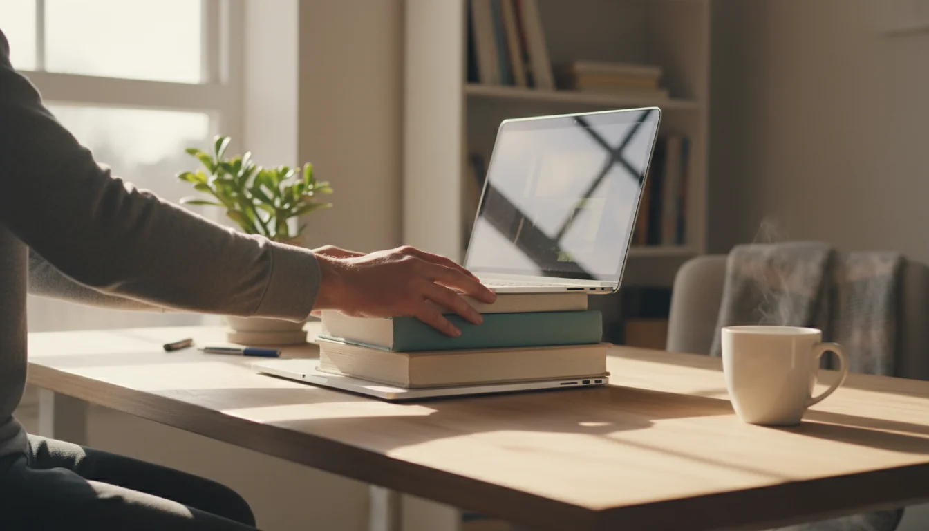 Hands placing a stack of hardback books under a laptop on a wooden desk, next to a plant and mug.