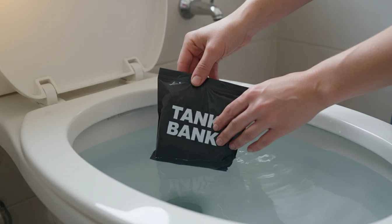 Hands placing a water displacement bag into an open toilet tank to reduce water usage.