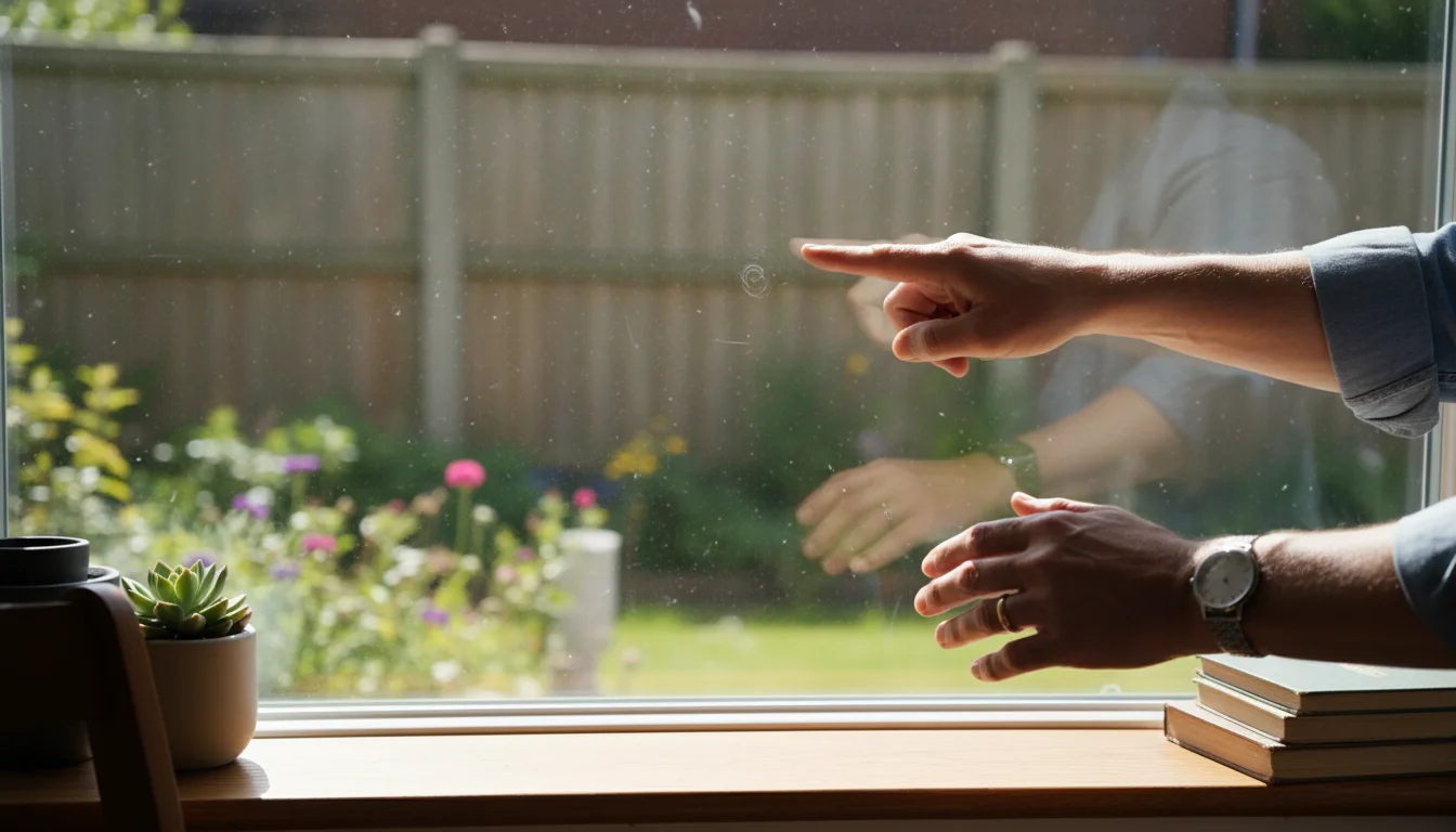 Hands pointing to a tiny smudge on a sunlit, freshly cleaned window, holding a blue microfiber cloth.