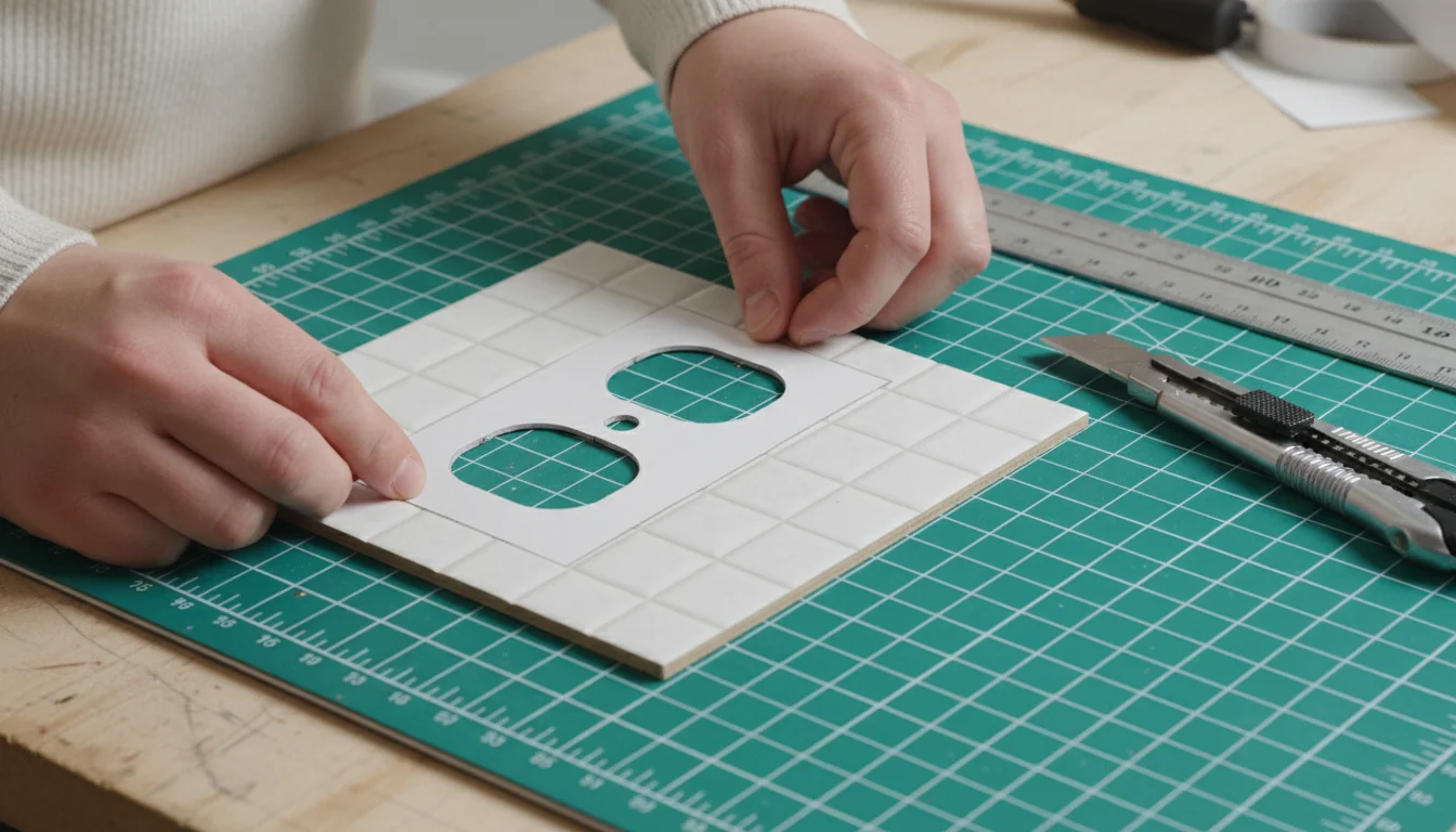 Hands carefully position a paper template for an electrical outlet onto a peel-and-stick tile on a cutting mat, with tools nearby.