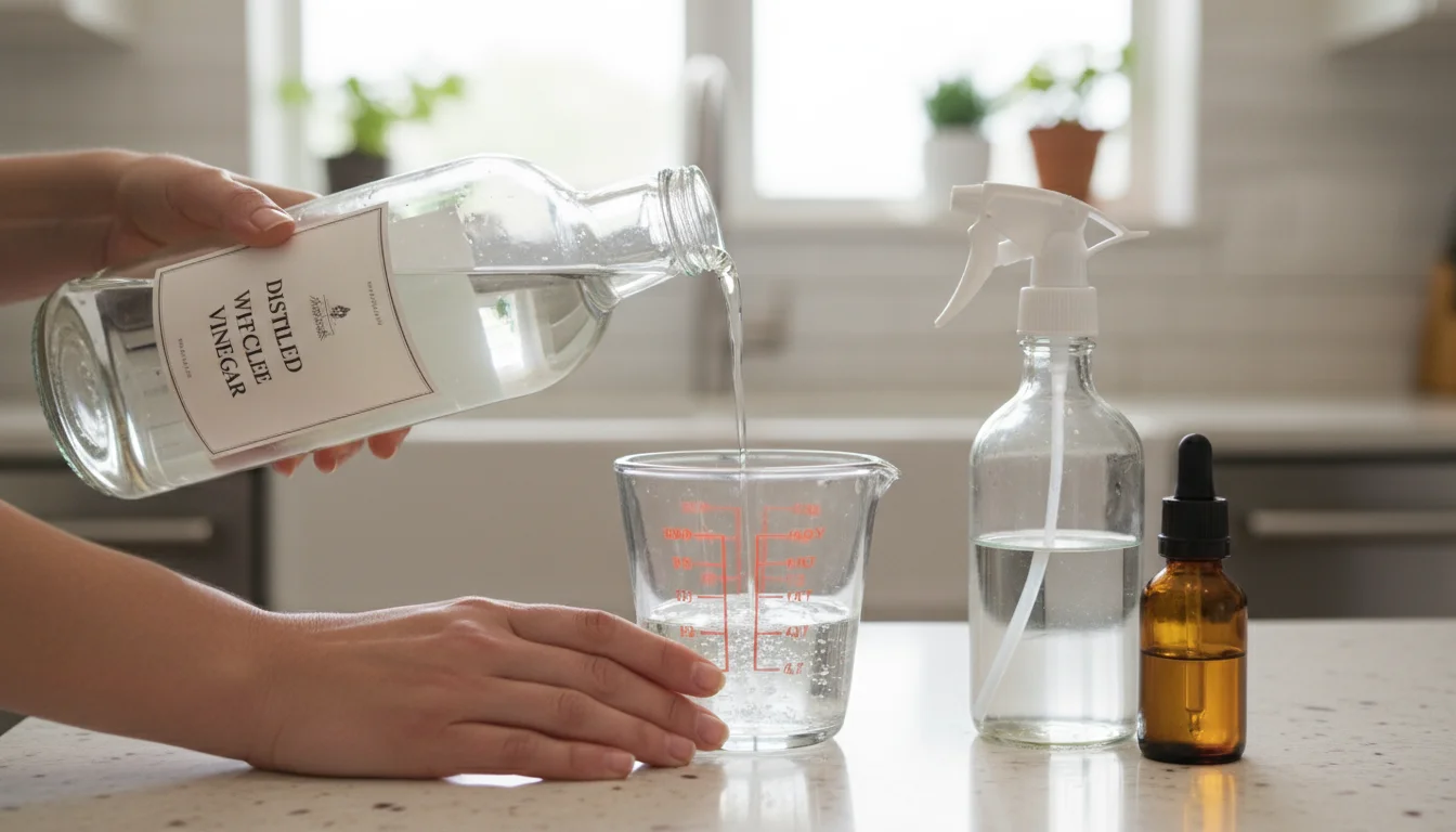 Hands pour distilled white vinegar into a measuring cup, next to a partially filled spray bottle and essential oil on a clean kitchen counter.
