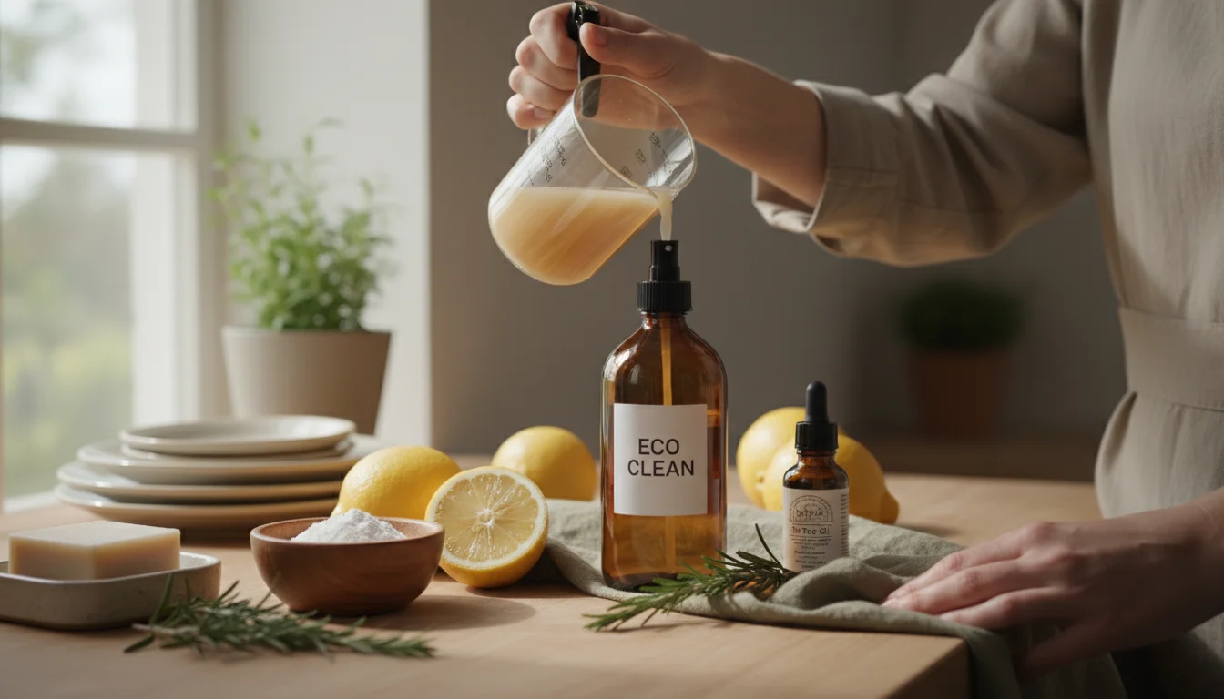 Hands pour homemade cleaning solution into an amber glass spray bottle on a sunlit kitchen counter with lemons, baking soda, and rosemary.
