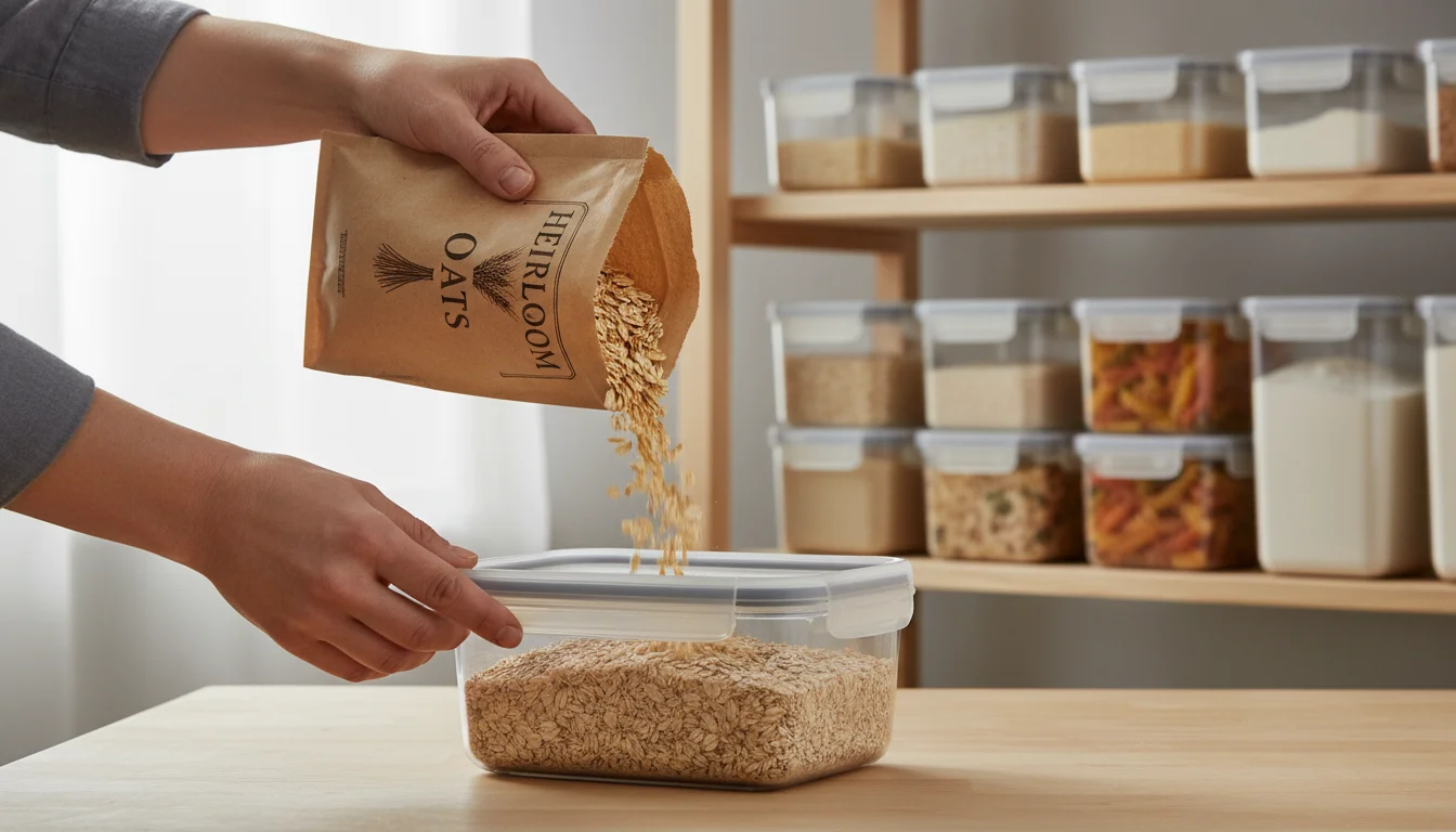Hands pour oats from a bag into a clear, stackable container. Other similar containers with dry goods are neatly stacked on a pantry shelf.
