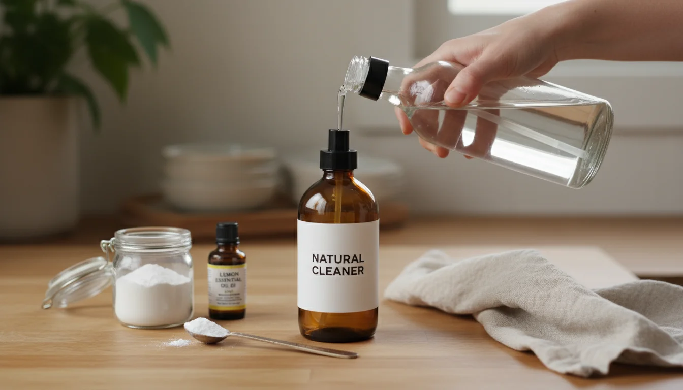Hands pour white vinegar into an amber spray bottle for DIY cleaner on a wood counter with baking soda and essential oil.