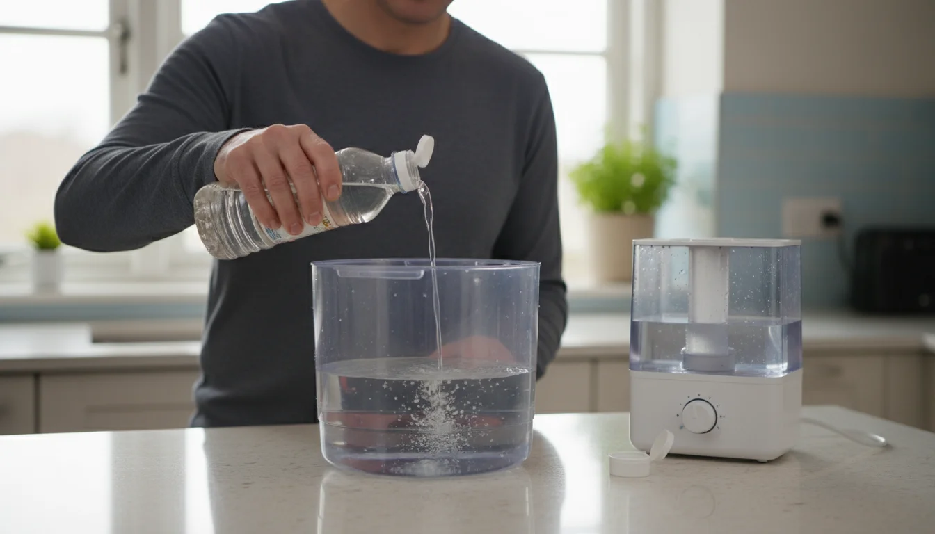 Hands pour white vinegar into a transparent humidifier tank on a bright kitchen counter, disassembled parts nearby.