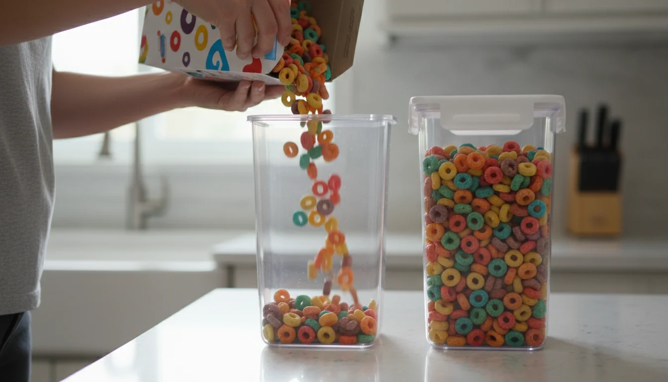 Hands pouring colorful cereal from a cardboard box into a clear plastic container on a kitchen counter, with another filled container beside it.