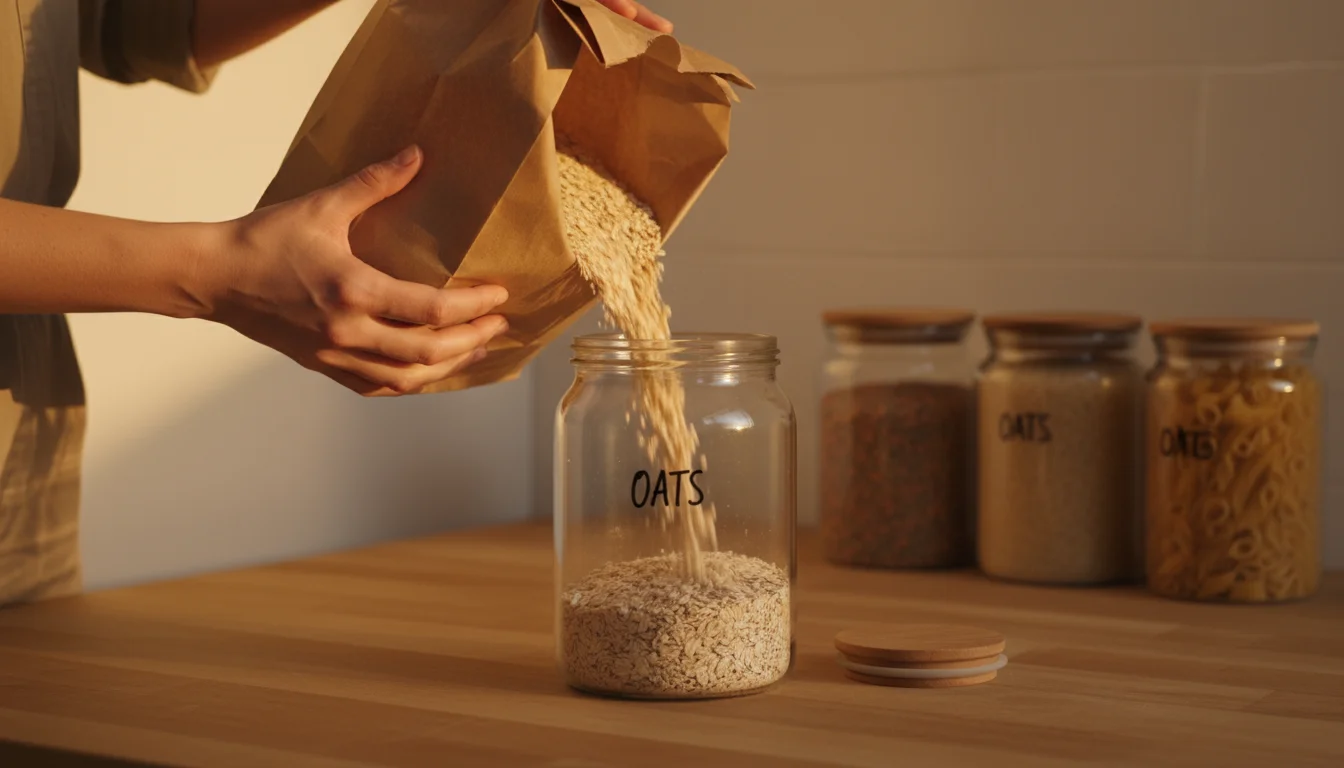 Hands pouring oats from a grocery bag into a clear, labeled pantry container on a kitchen counter, with blurred organized shelves.